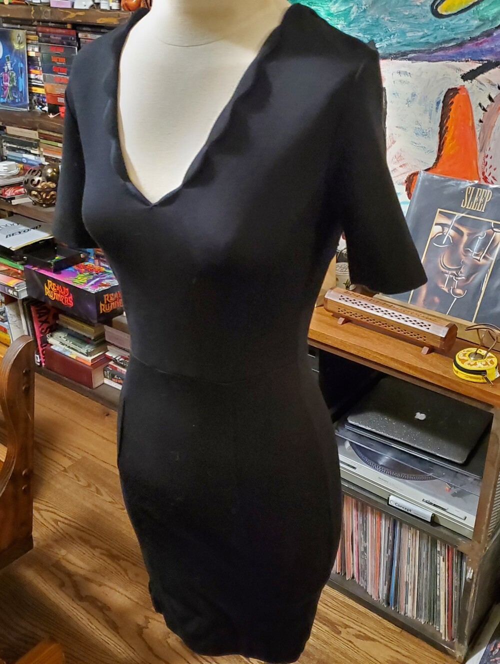 French Connection Little Black Dress Midi Scallop V neck Stretch Classic RW & CO